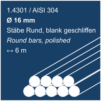 Polished stainless steel rods made of 1.4301 (304), 16mm diameter, 6000mm long, shown on a blue background